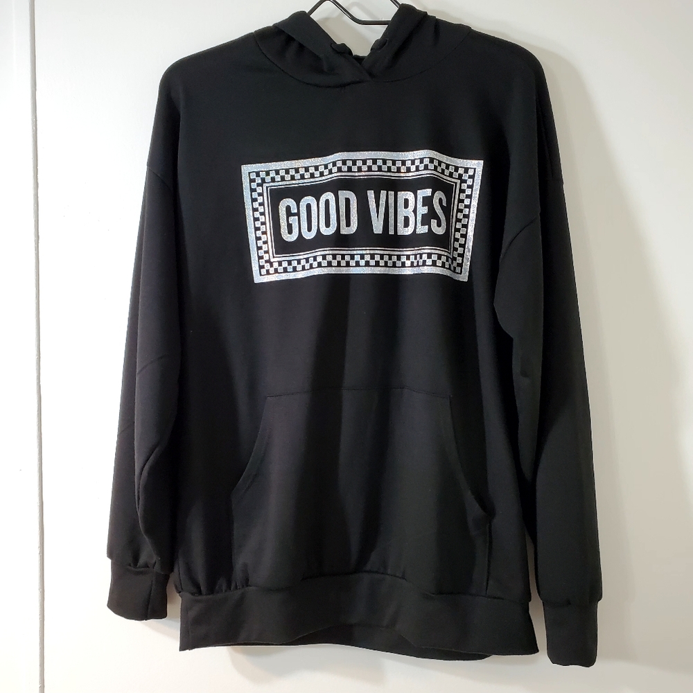 Womens Black Hoodie with 'Good Vibes' Print